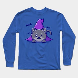 Cute Witch Cat Laying Under Witch Hat Cartoon Long Sleeve T-Shirt